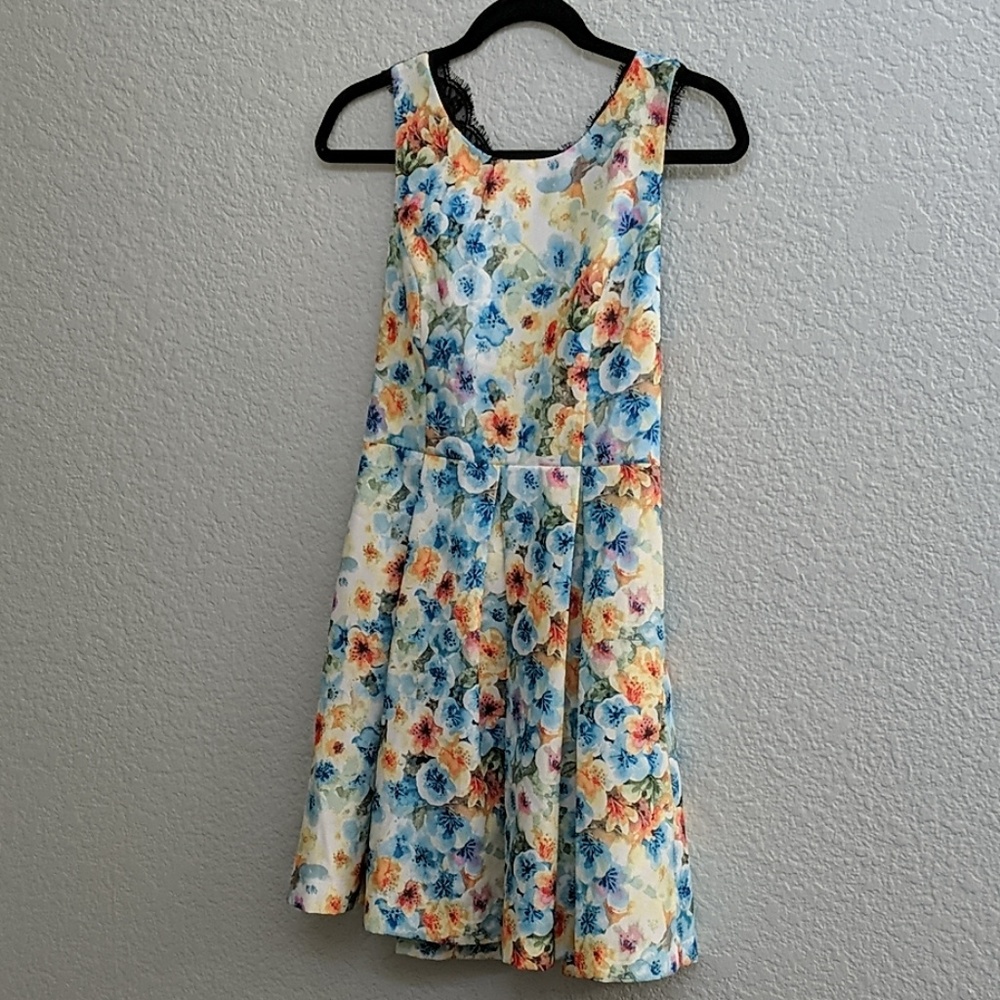 Watercolor floral dress with black lace back